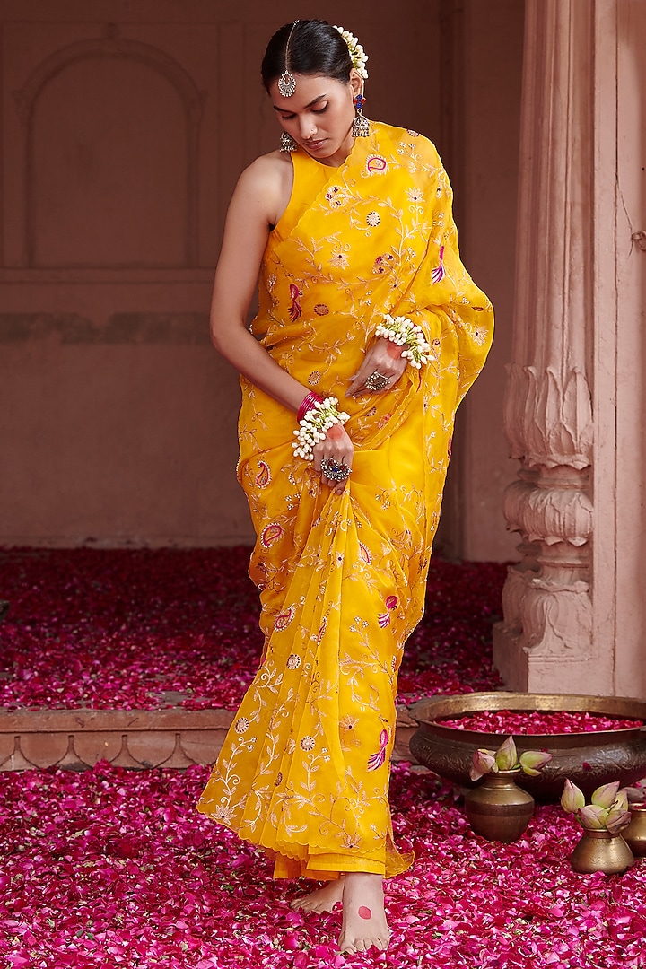 Yellow Organza Embroidered Wedding Saree Set by Pink City By Sarika at Pernia's Pop Up Shop