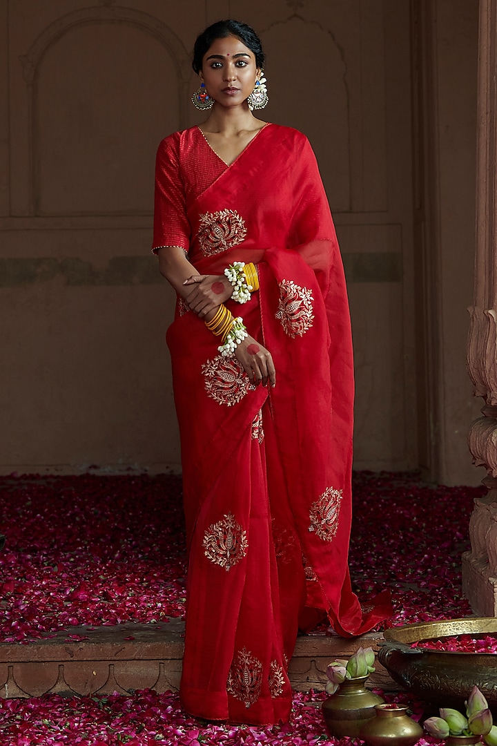 Red Organza Embroidered Saree Set by Pink City By Sarika