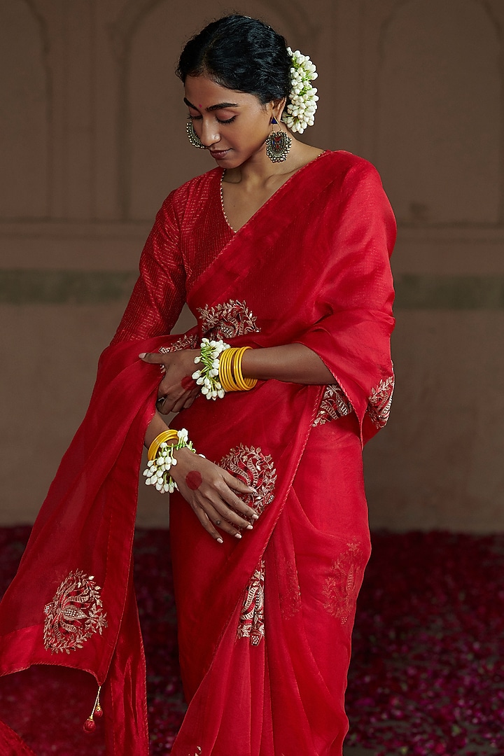 Red Organza Embroidered Wedding Saree Set by Pink City By Sarika at Pernia's Pop Up Shop
