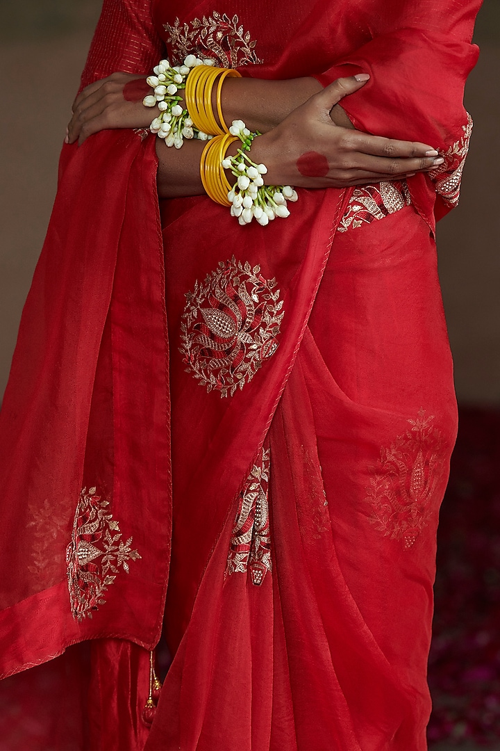 Red Organza Embroidered Wedding Saree Set by Pink City By Sarika at Pernia's Pop Up Shop
