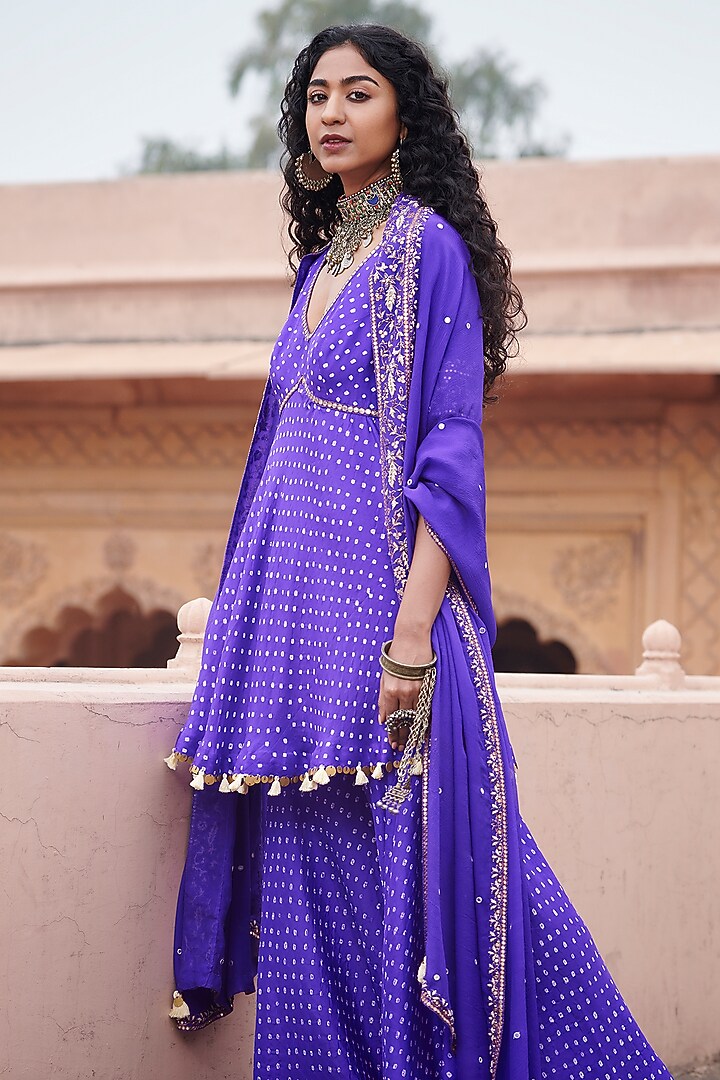 Purple Silk Bandhani Gharara Set by Pink City By Sarika at Pernia's Pop Up Shop