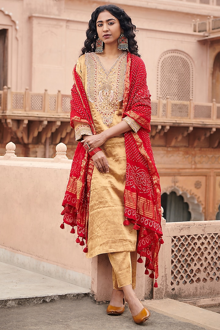 Gold Tissue Embroidered Kurta Set by Pink City By Sarika
