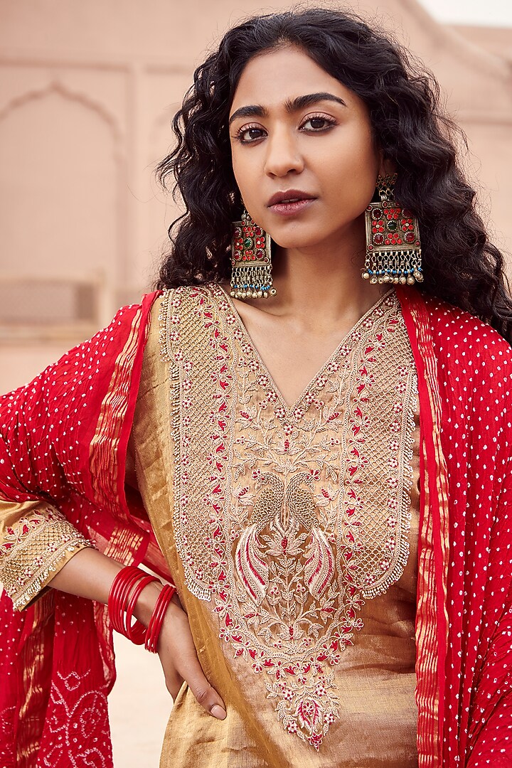Gold Tissue Embroidered Kurta Set by Pink City By Sarika at Pernia's Pop Up Shop