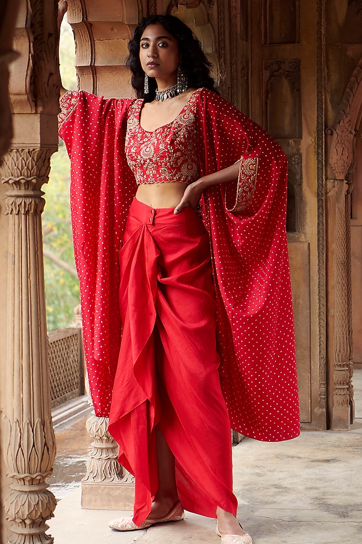 Red Silk Bandhani Cape Set by Pink City By Sarika