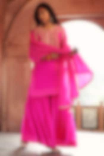 Hot Pink Silk Chanderi Bandhani Sharara Set by Pink City By Sarika