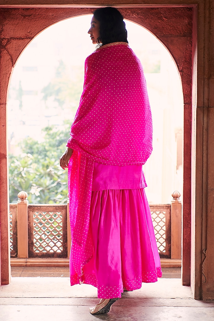 Hot Pink Silk Chanderi Bandhani Wedding Sharara Set by Pink City By Sarika at Pernia's Pop Up Shop