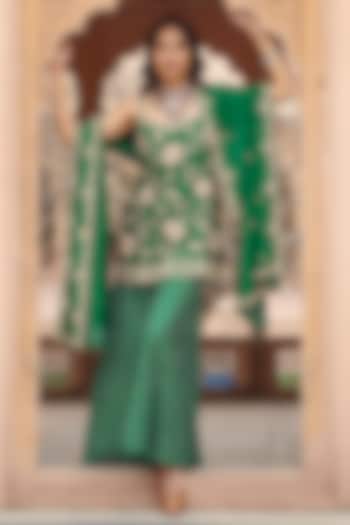 Emerald Green Chanderi Silk Sharara Set by Pink City By Sarika