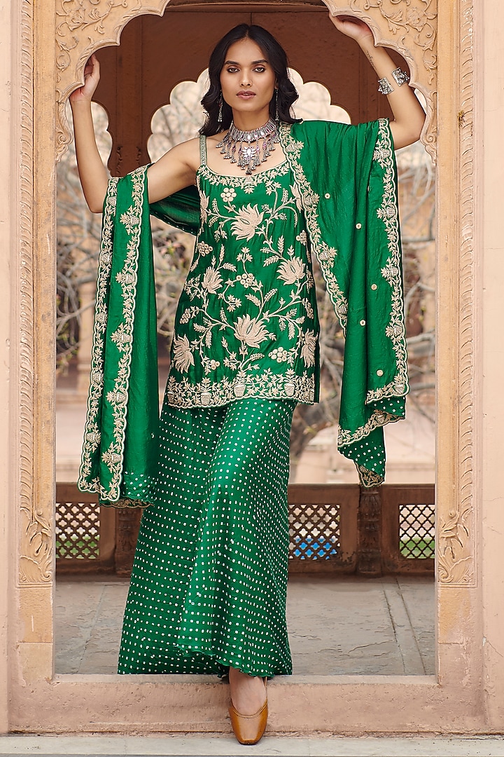 Emerald Green Chanderi Silk Sharara Set by Pink City By Sarika