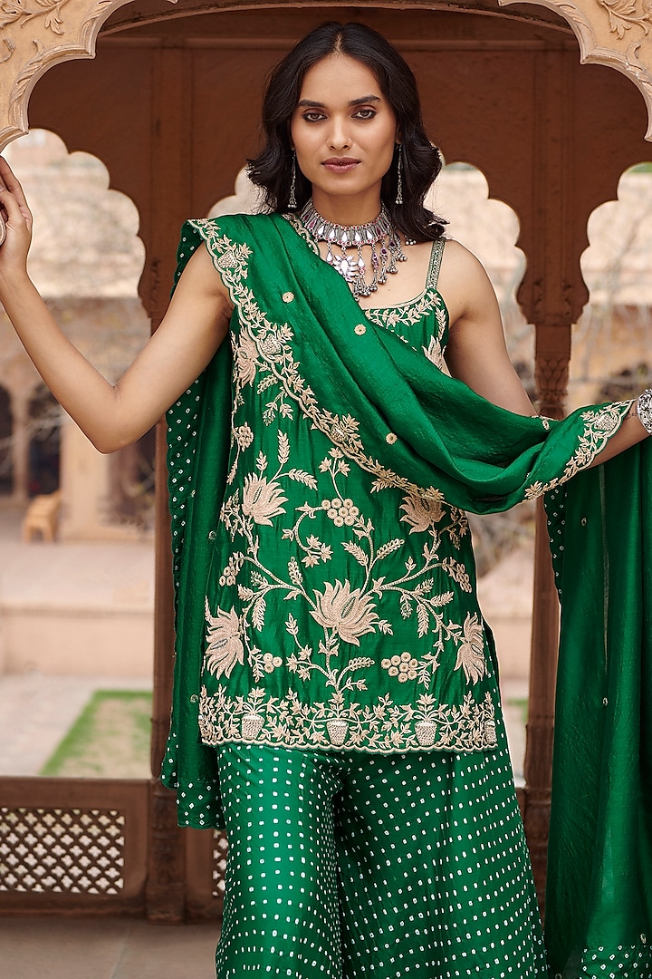 Emerald Green Chanderi Silk Wedding Sharara Set by Pink City By Sarika at Pernia's Pop Up Shop