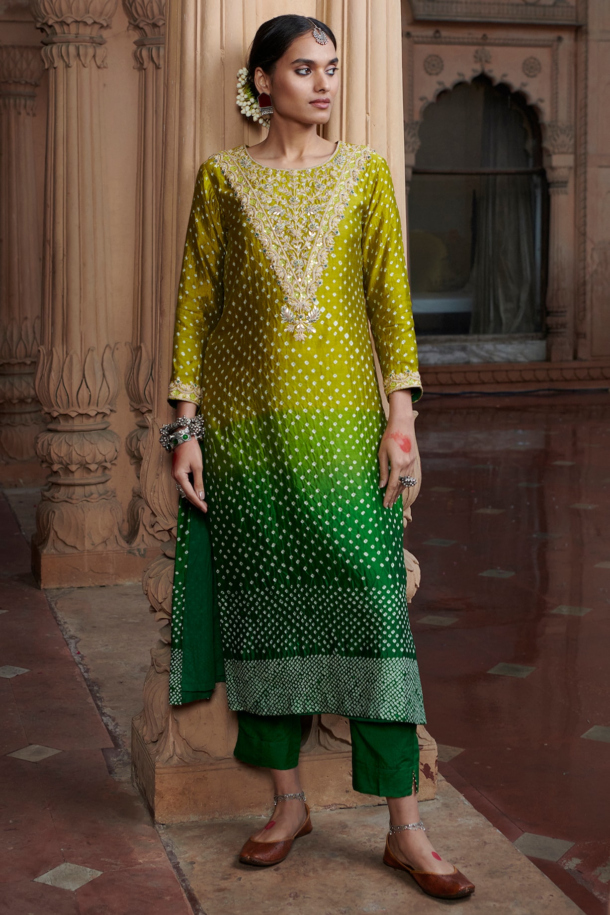 Ombre Green Silk Tie-Dye Bandhani Kurta Set by Pink City By Sarika