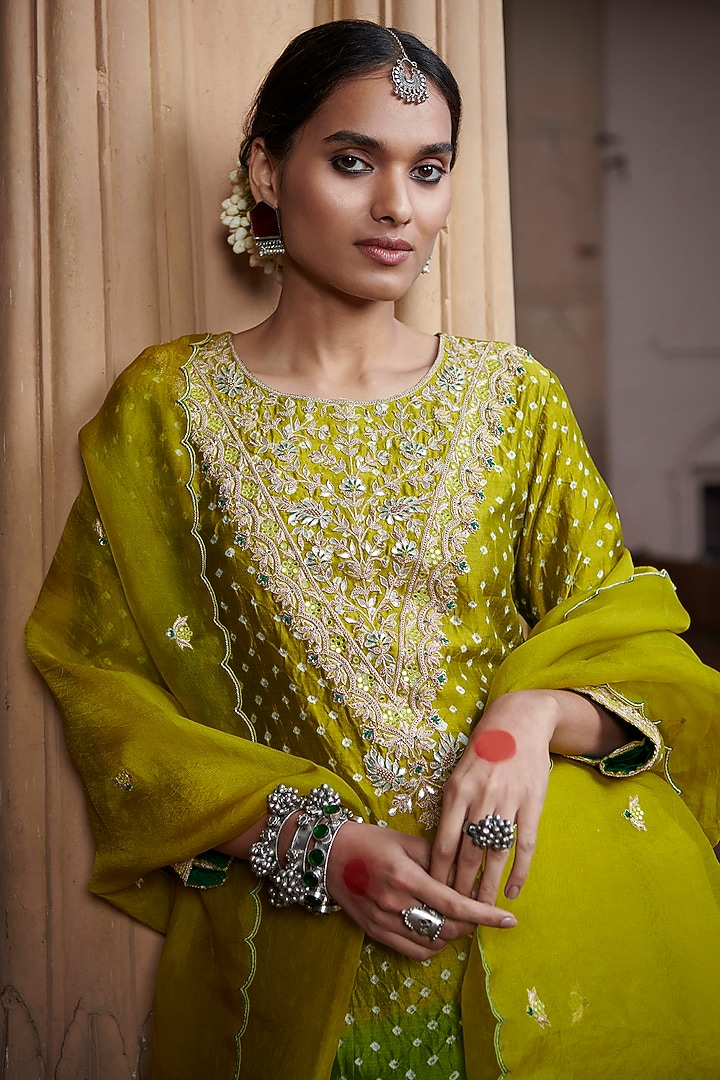Ombre Green Silk Tie-Dye Bandhani Kurta Set by Pink City By Sarika at Pernia's Pop Up Shop
