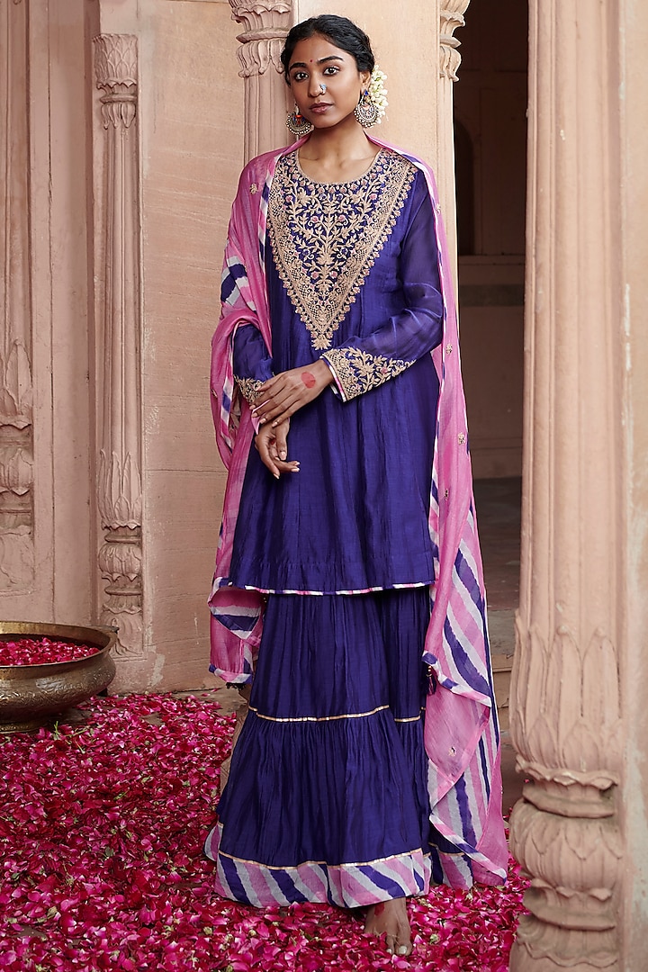 Purple Silk Chanderi Gharara Set by Pink City By Sarika