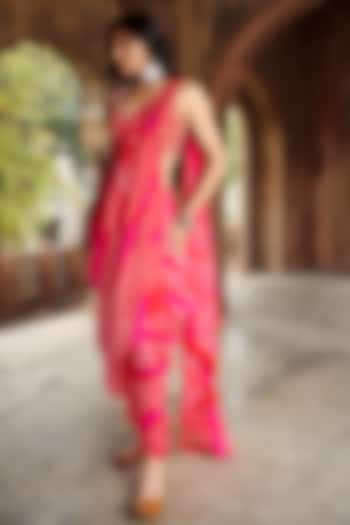 Red Silk Leheriya Pre-Stitched Draped Saree Set by Pink City By Sarika