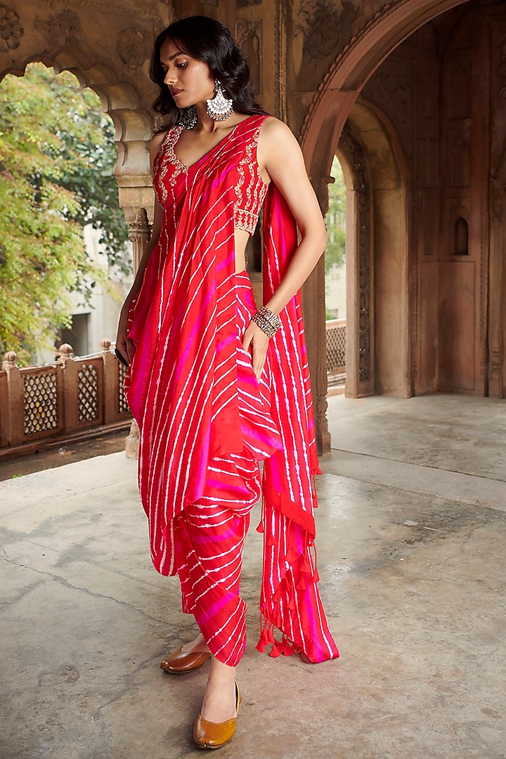 Red Silk Leheriya Pre-Stitched Saree Set by Pink City By Sarika