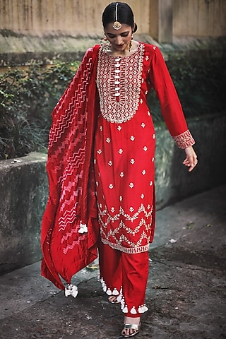 Red Embroidered Kurta Set by Pink City By Sarika