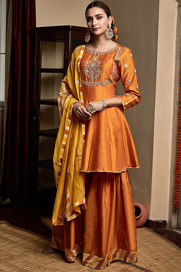 Burnt Orange Ombre Hand Embroidered Kurta Set by Pink City By Sarika
