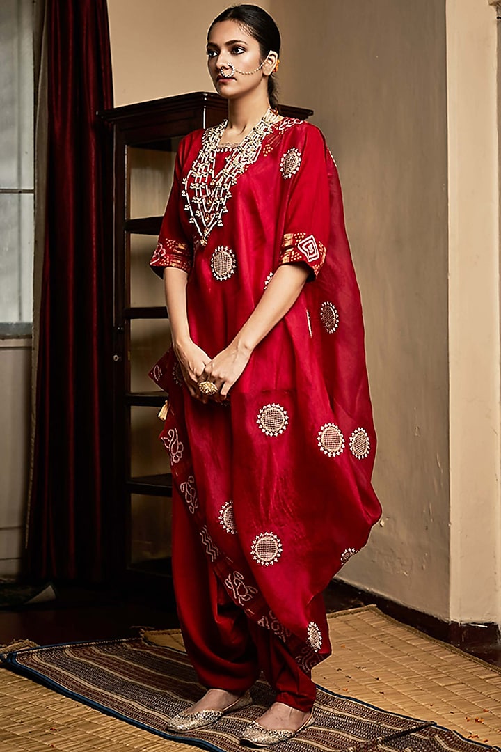 Red Hand Embroidered Short Kurta Set by Pink City By Sarika