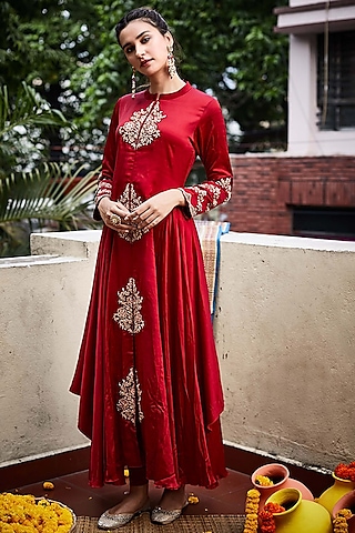 Red Zardosi Hand Embroidered Kurta by Pink City By Sarika
