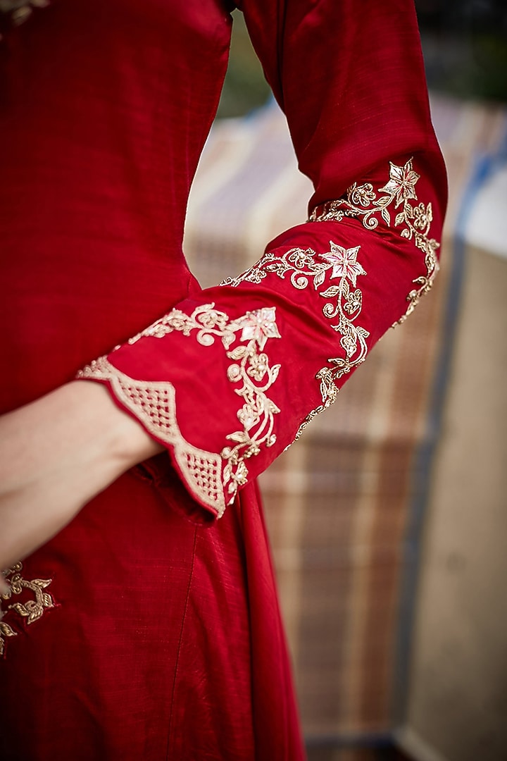 Red Zardosi Hand Embroidered Kurta by Pink City By Sarika at Pernia's Pop Up Shop