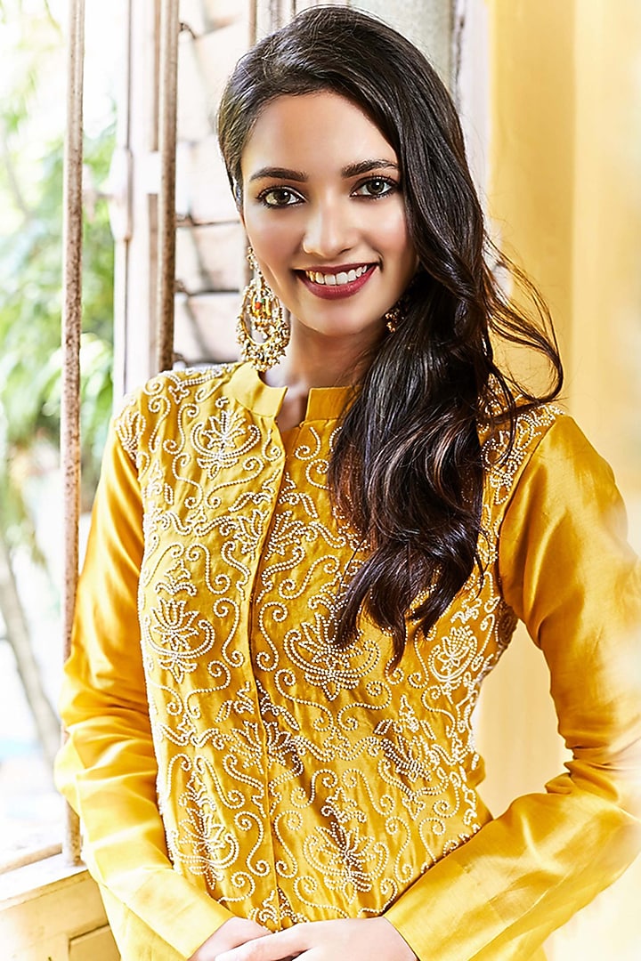Mustard Hand Embroidered Kurta Set by Pink City By Sarika at Pernia's Pop Up Shop