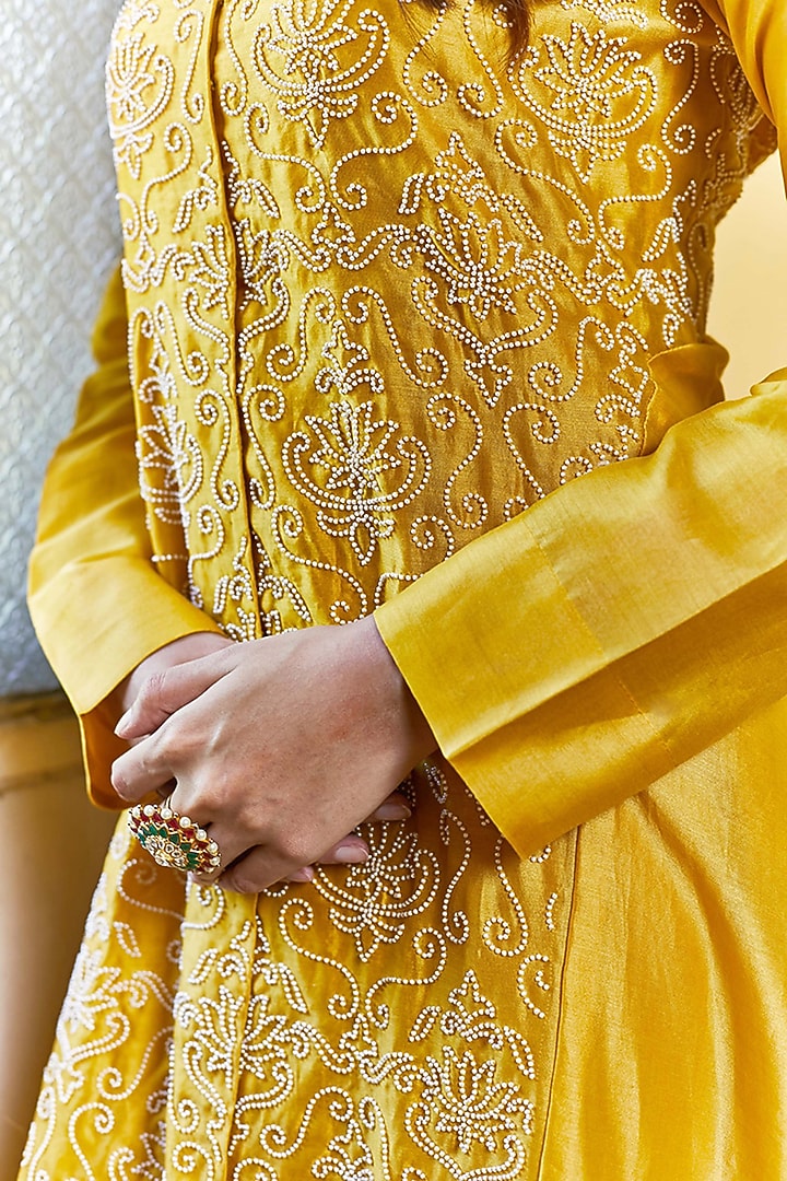 Mustard Hand Embroidered Kurta Set by Pink City By Sarika at Pernia's Pop Up Shop