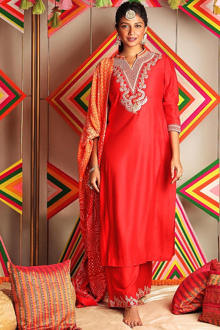 Red Hand Embroidered Kurta Set by Pink City By Sarika