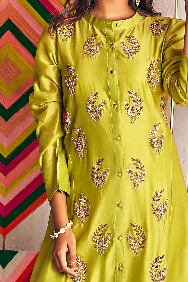 Lime Green Hand Embroidered High-Low Kurta by Pink City By Sarika at Pernia's Pop Up Shop