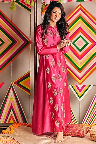 Hot Pink Hand Embroidered High-Low Kurta by Pink City By Sarika