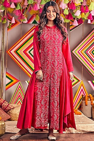Hot Pink Hand Embroidered Gown by Pink City By Sarika
