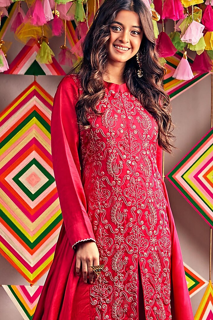 Hot Pink Hand Embroidered Party Wear Gown by Pink City By Sarika at Pernia's Pop Up Shop