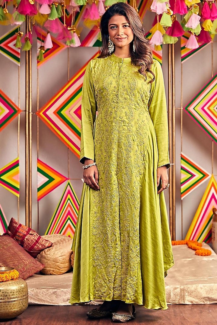 Lime Green Hand Embroidered Gown by Pink City By Sarika