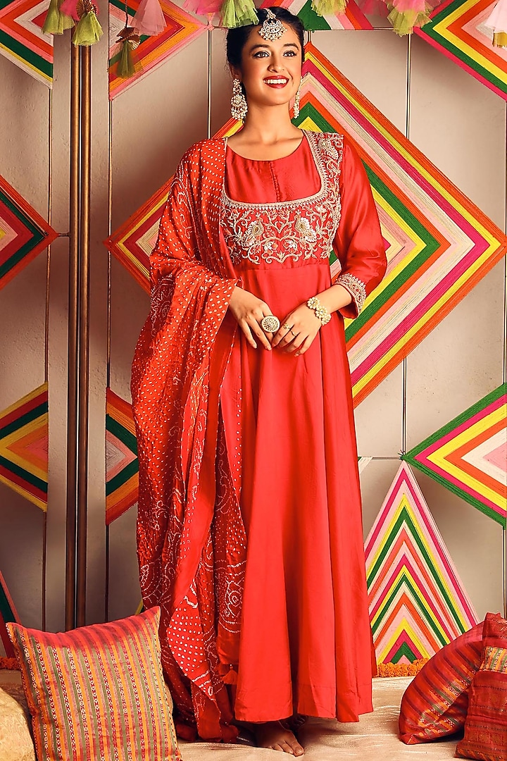 Red Hand Embroidered Anarkali Set by Pink City By Sarika at Pernia's Pop Up Shop