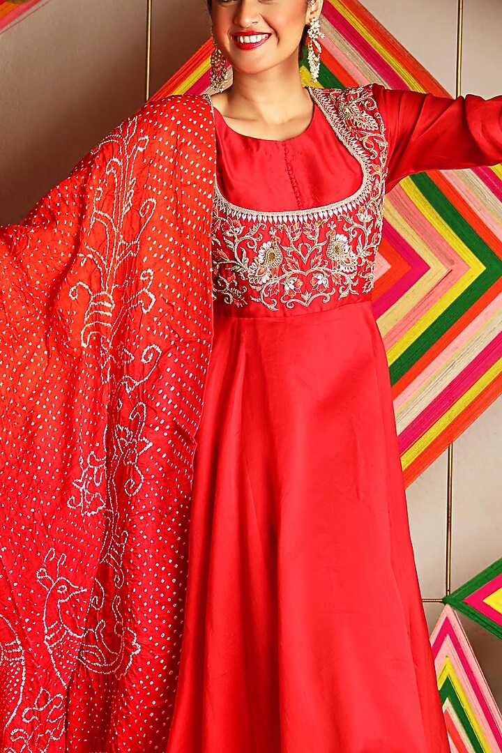Red Hand Embroidered Wedding Anarkali Set by Pink City By Sarika at Pernia's Pop Up Shop