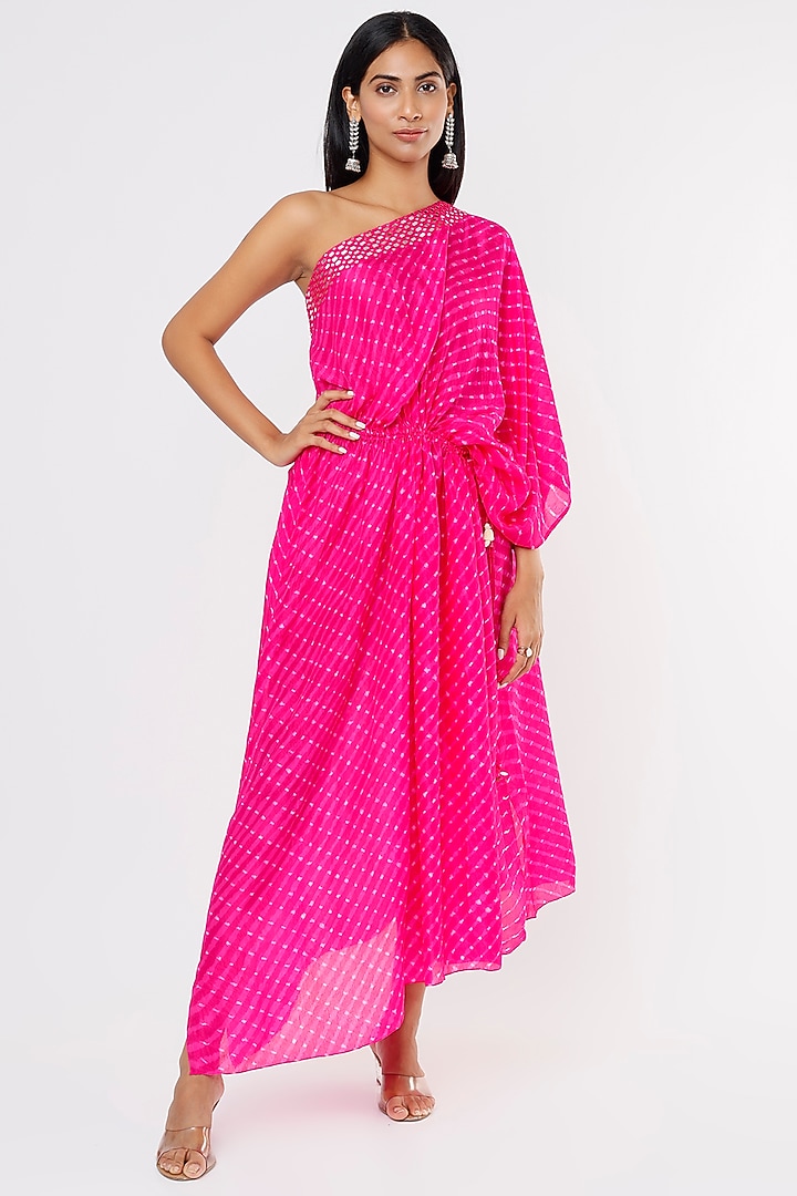 Pink Silk One-Shoulder Vacation Dress by Pink City By Sarika at Pernia's Pop Up Shop