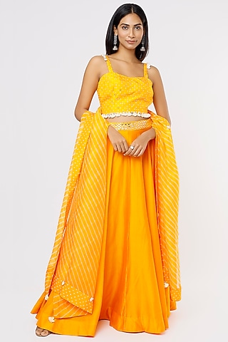 Orange Chanderi Silk Lehenga Set by Pink City By Sarika