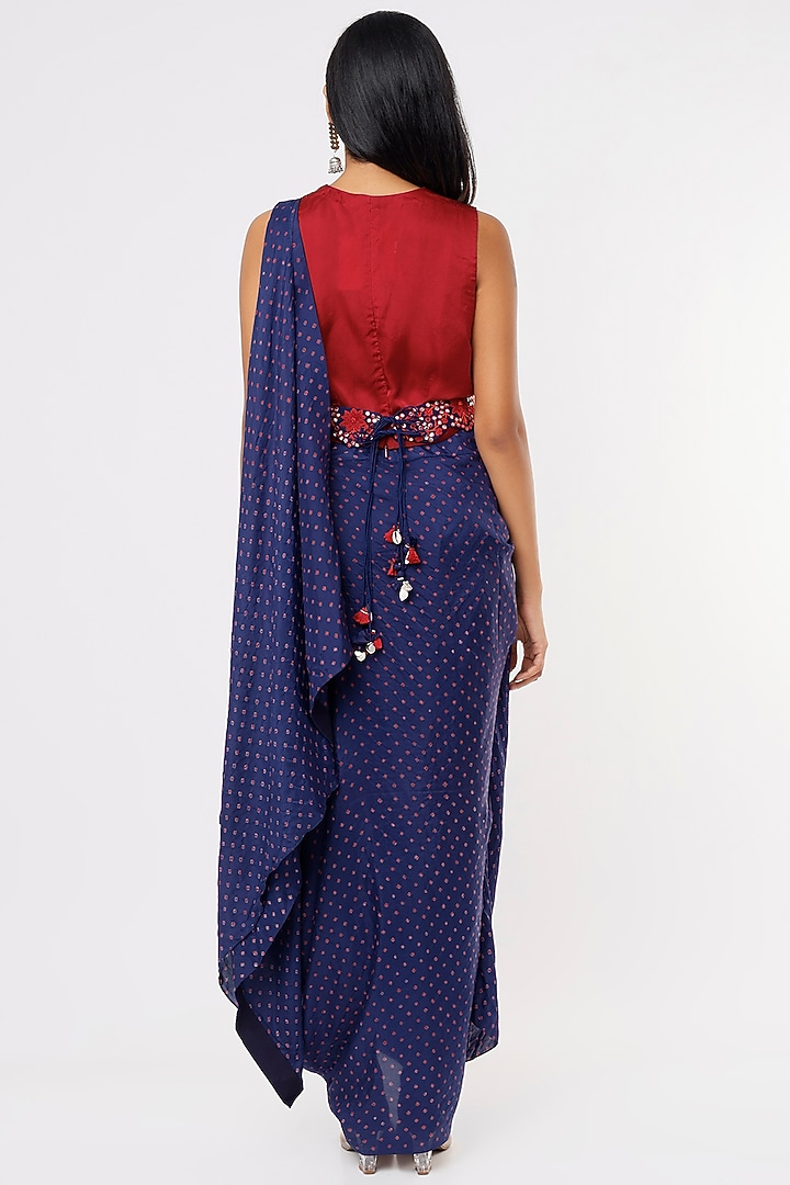 Blue Silk Draped Wedding Saree Set by Pink City By Sarika at Pernia's Pop Up Shop