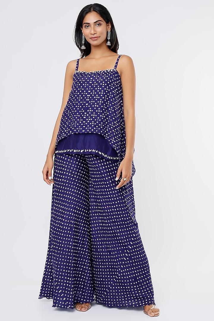 Navy Blue Bandhej Wedding Sharara Set by Pink City By Sarika at Pernia's Pop Up Shop