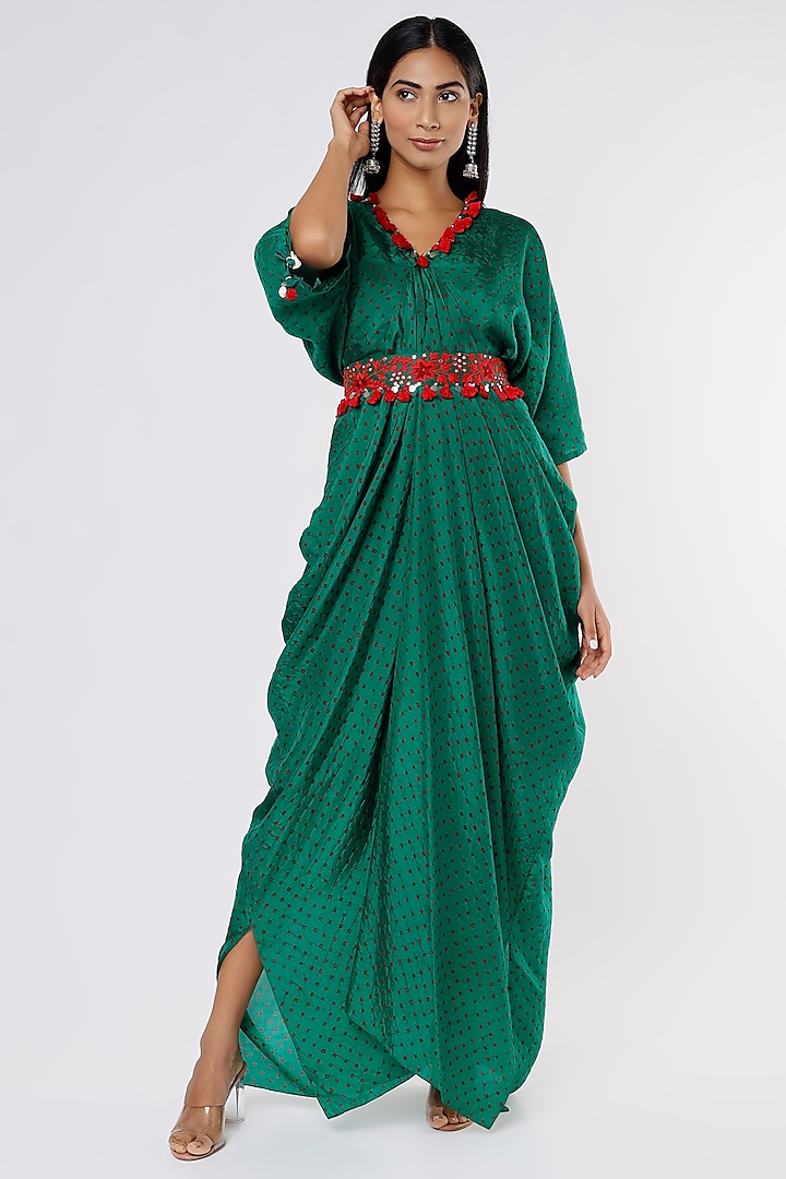 Forest Green Silk Kaftan With Belt by Pink City By Sarika