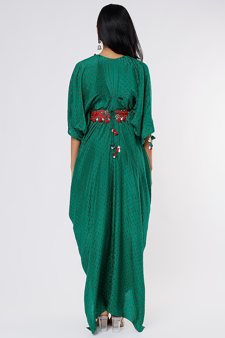 Forest Green Silk Kaftan With Belt by Pink City By Sarika at Pernia's Pop Up Shop