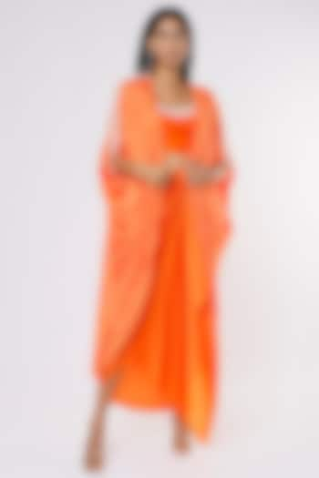 Orange Silk Draped Skirt Set With Bandhej Cape by Pink City By Sarika at Pernia's Pop Up Shop