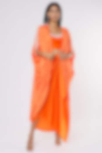Orange Silk Draped Skirt Set With Bandhej Cape by Pink City By Sarika