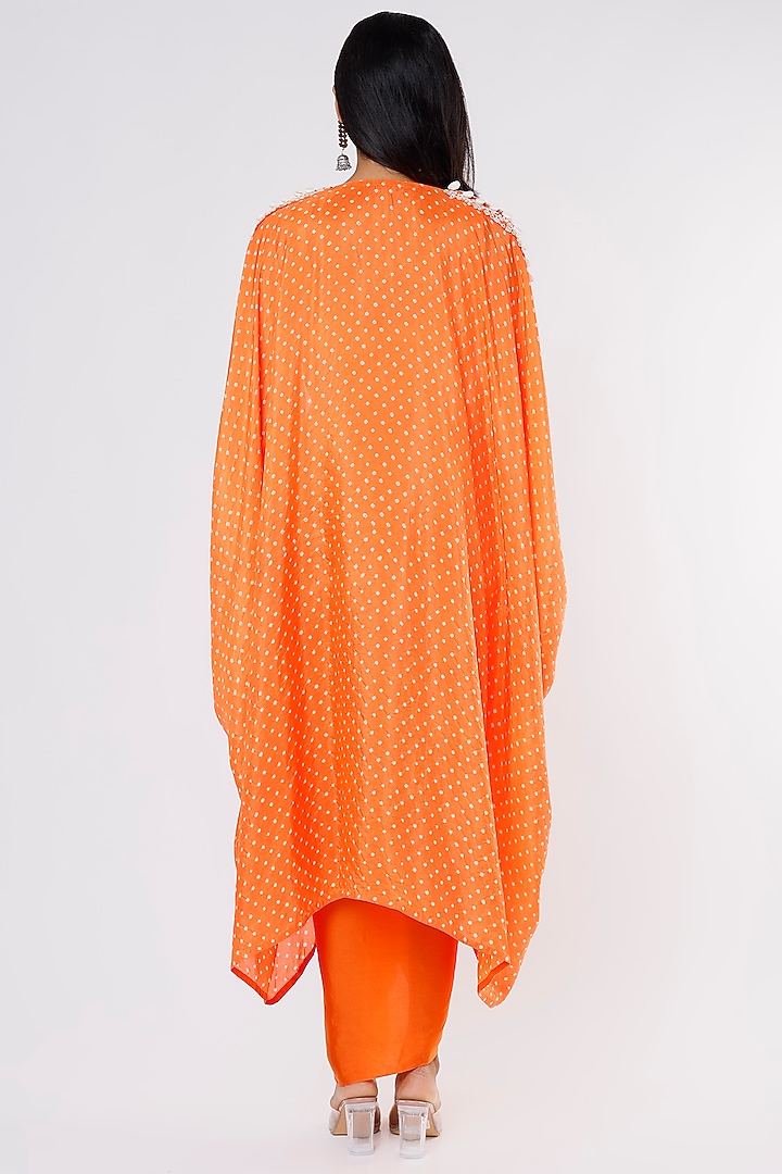 Orange Silk Draped Skirt Set With Bandhej Cape by Pink City By Sarika at Pernia's Pop Up Shop