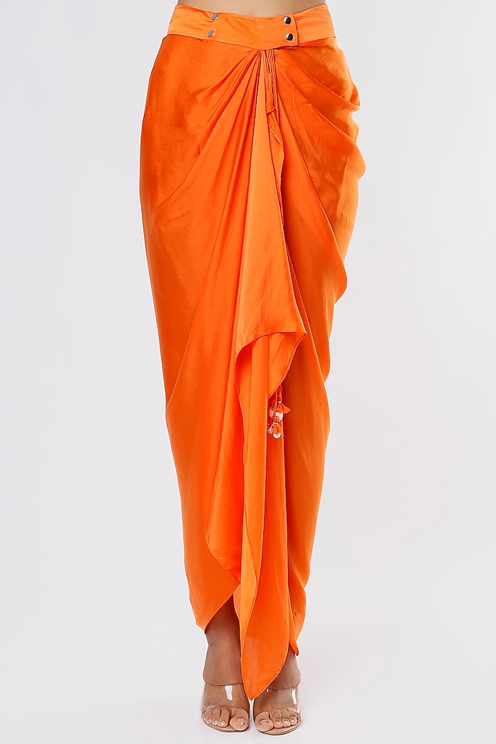 Orange Silk Draped Skirt Set With Bandhej Cape by Pink City By Sarika at Pernia's Pop Up Shop