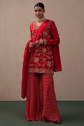 Red Silk Sharara Set by Pink City By Sarika