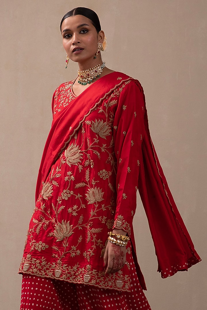 Red Silk Wedding Sharara Set by Pink City By Sarika at Pernia's Pop Up Shop