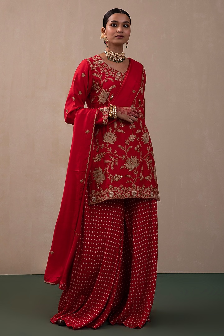 Red Silk Wedding Sharara Set by Pink City By Sarika at Pernia's Pop Up Shop