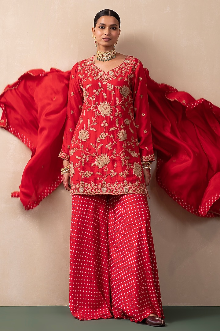 Red Silk Wedding Sharara Set by Pink City By Sarika at Pernia's Pop Up Shop