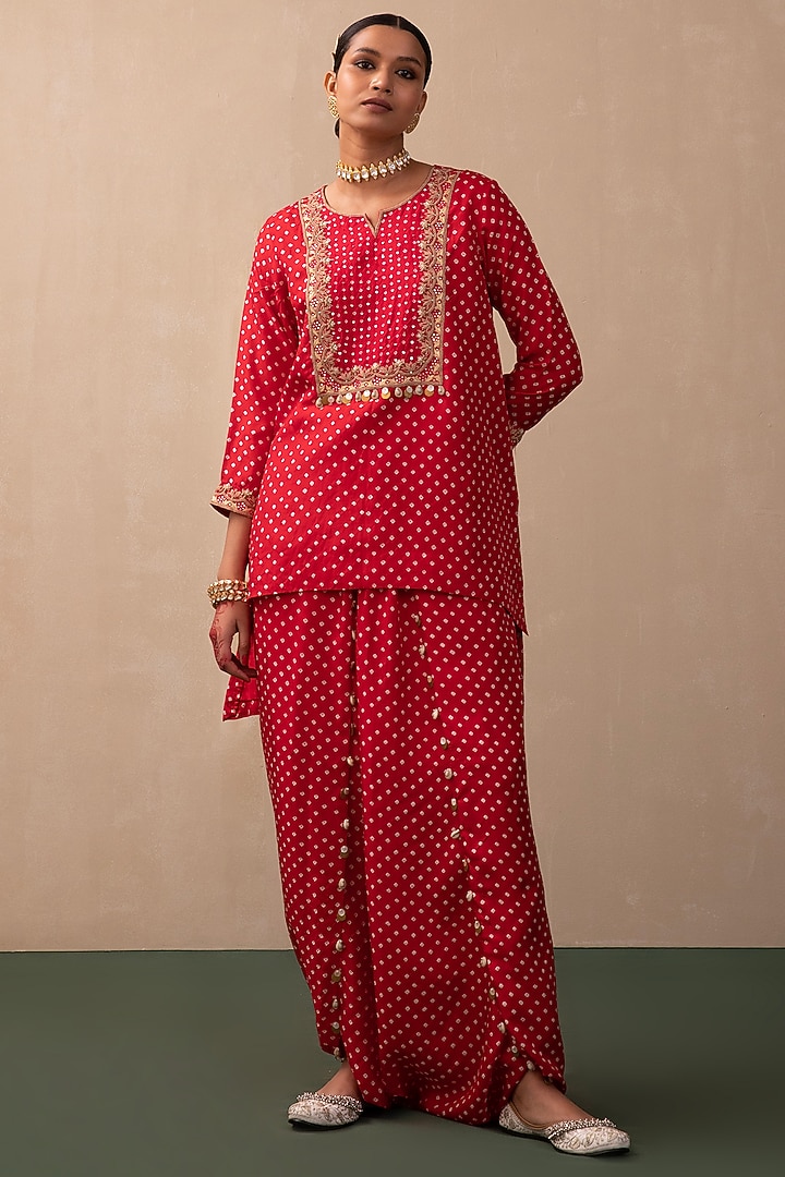 Red Silk Bandhani Co-Ord Set by Pink City By Sarika at Pernia's Pop Up Shop