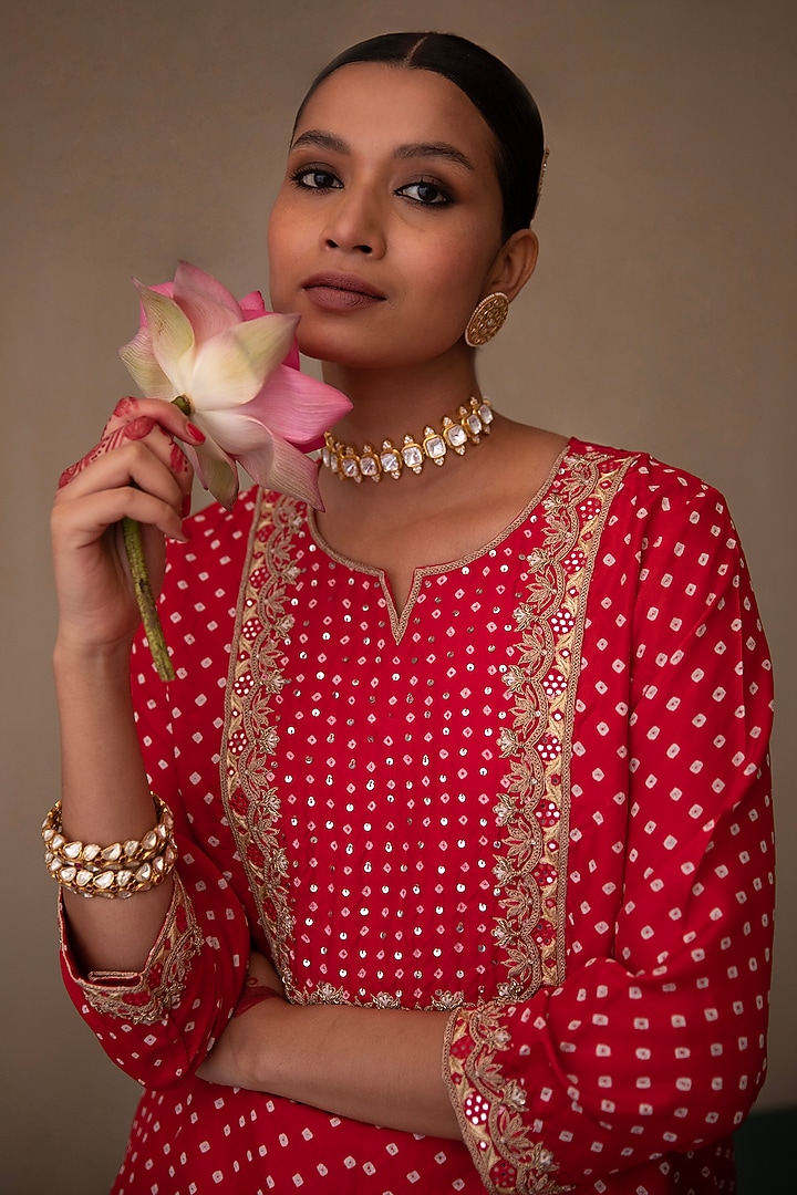 Red Silk Bandhani Co-Ord Set by Pink City By Sarika at Pernia's Pop Up Shop