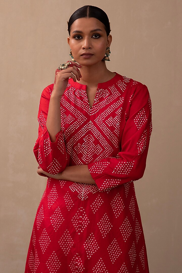 Red Silk Bandhani Kurta Set by Pink City By Sarika at Pernia's Pop Up Shop